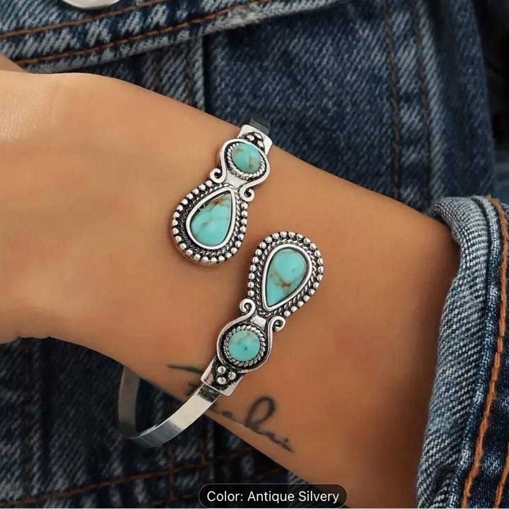 Retro Ethnic Style Infinity Symbol Inlaid Faux Turquoise Cuff Bangle Bracelet